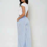 Pantaloni largi cu talie înaltă elastici, cu dungi